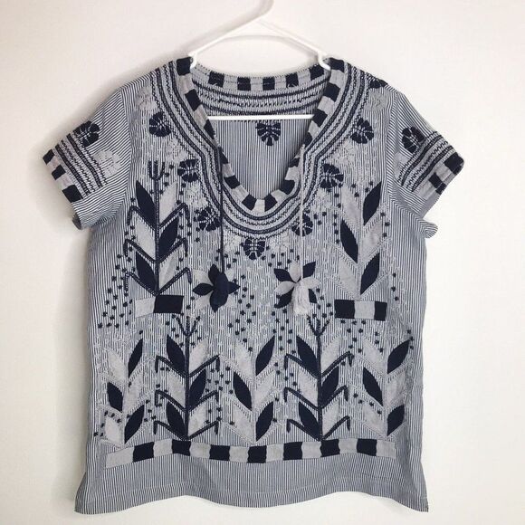 Womens Pullover Tunic Embroidered Gray Blue/Black Shirt Blouse See Measurements - Picture 2 of 12